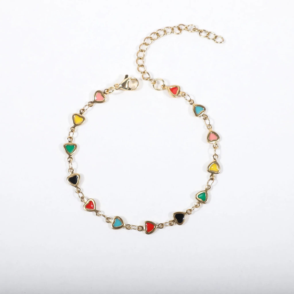 Stainless steel adjustable bracelet with a heart charm, shown in gold colour plating.