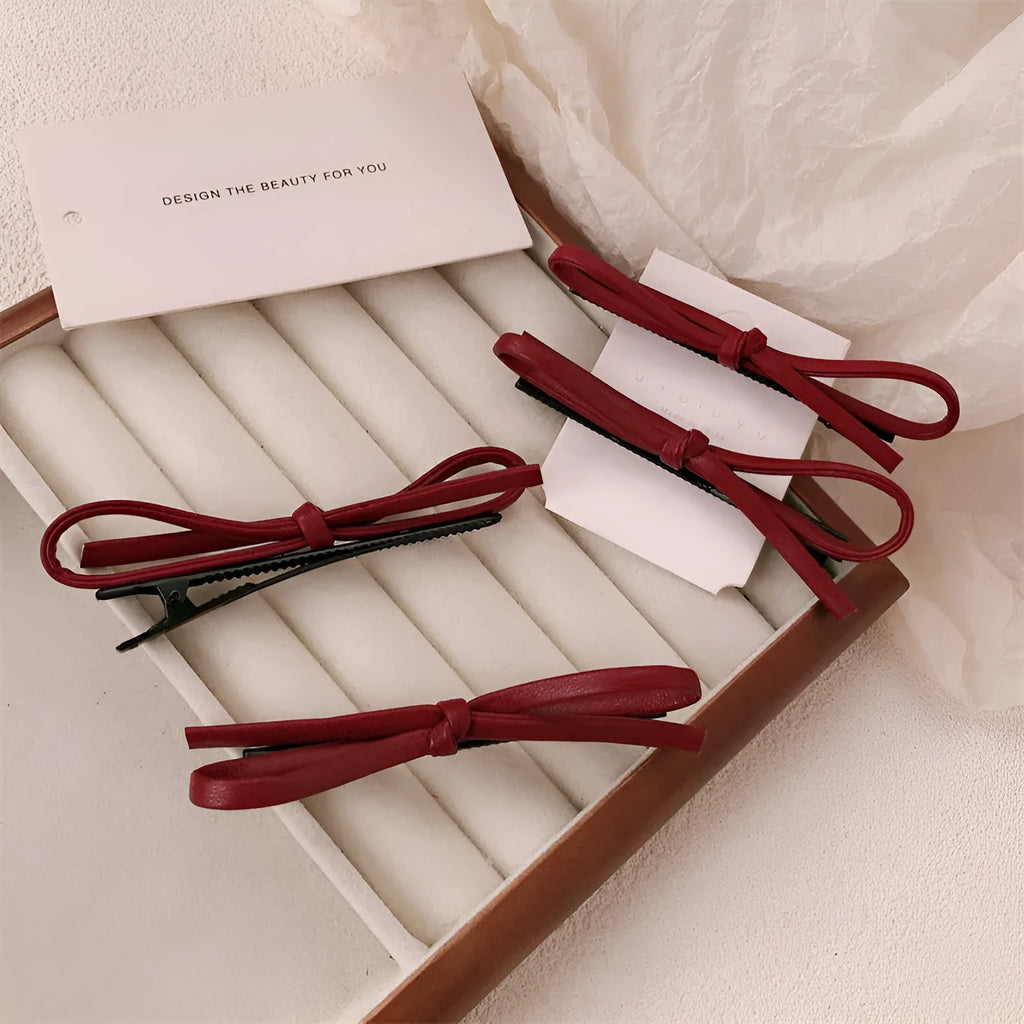 Wine red leather bow barrettes hair clips for women, single and pair options