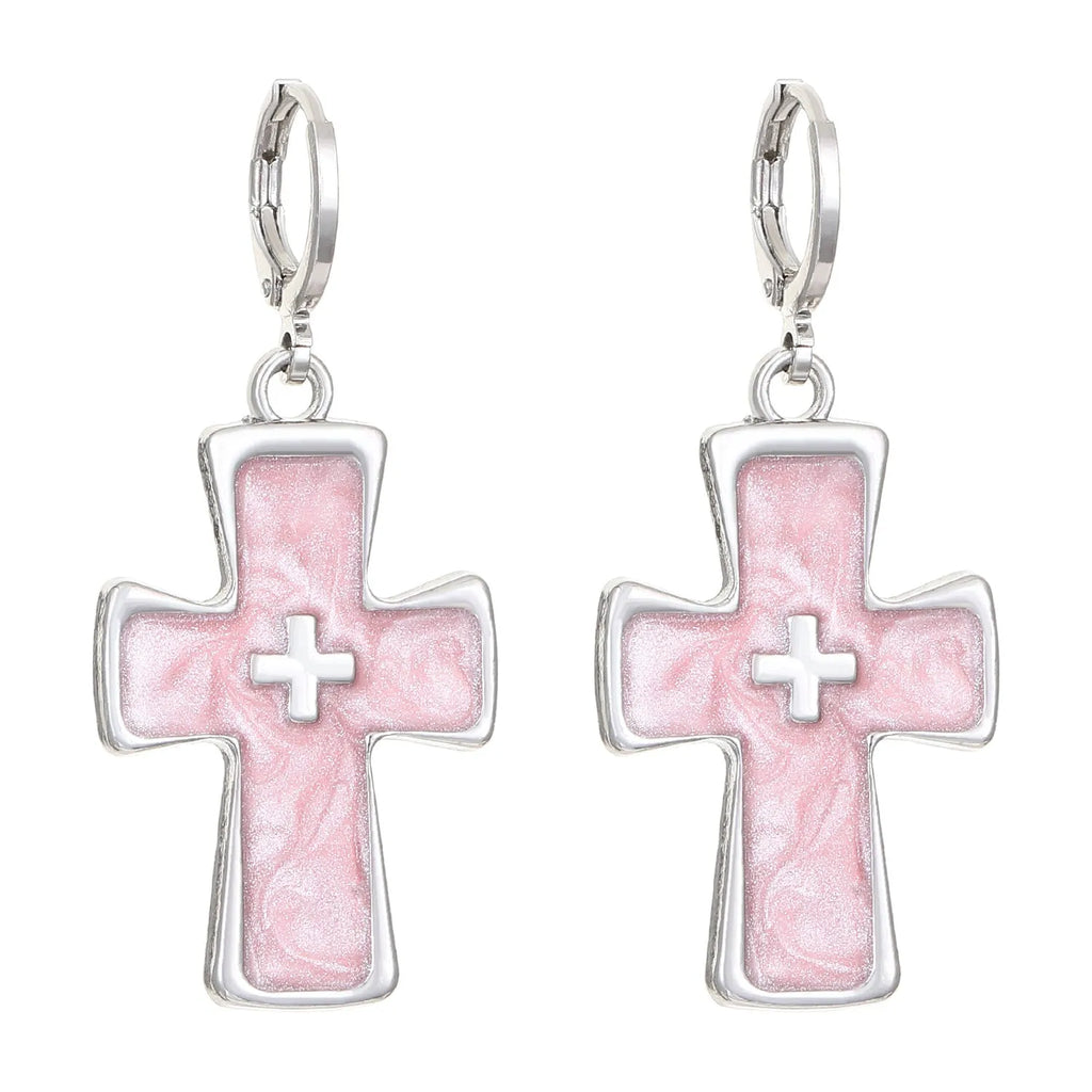 Women's alloy earrings with crystal cross designs in five colour options including white, peach heart, and antique silver