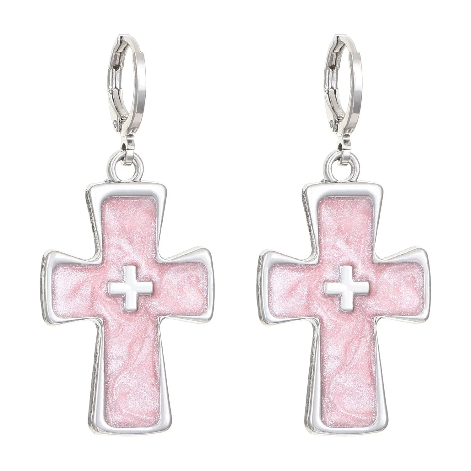 Women's alloy earrings with crystal cross designs in five colour options including white, peach heart, and antique silver