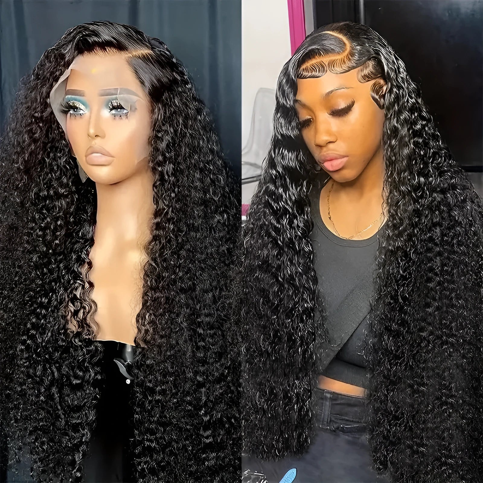 Black long curly lace wig with small roll wound tube afro style on a mannequin head.