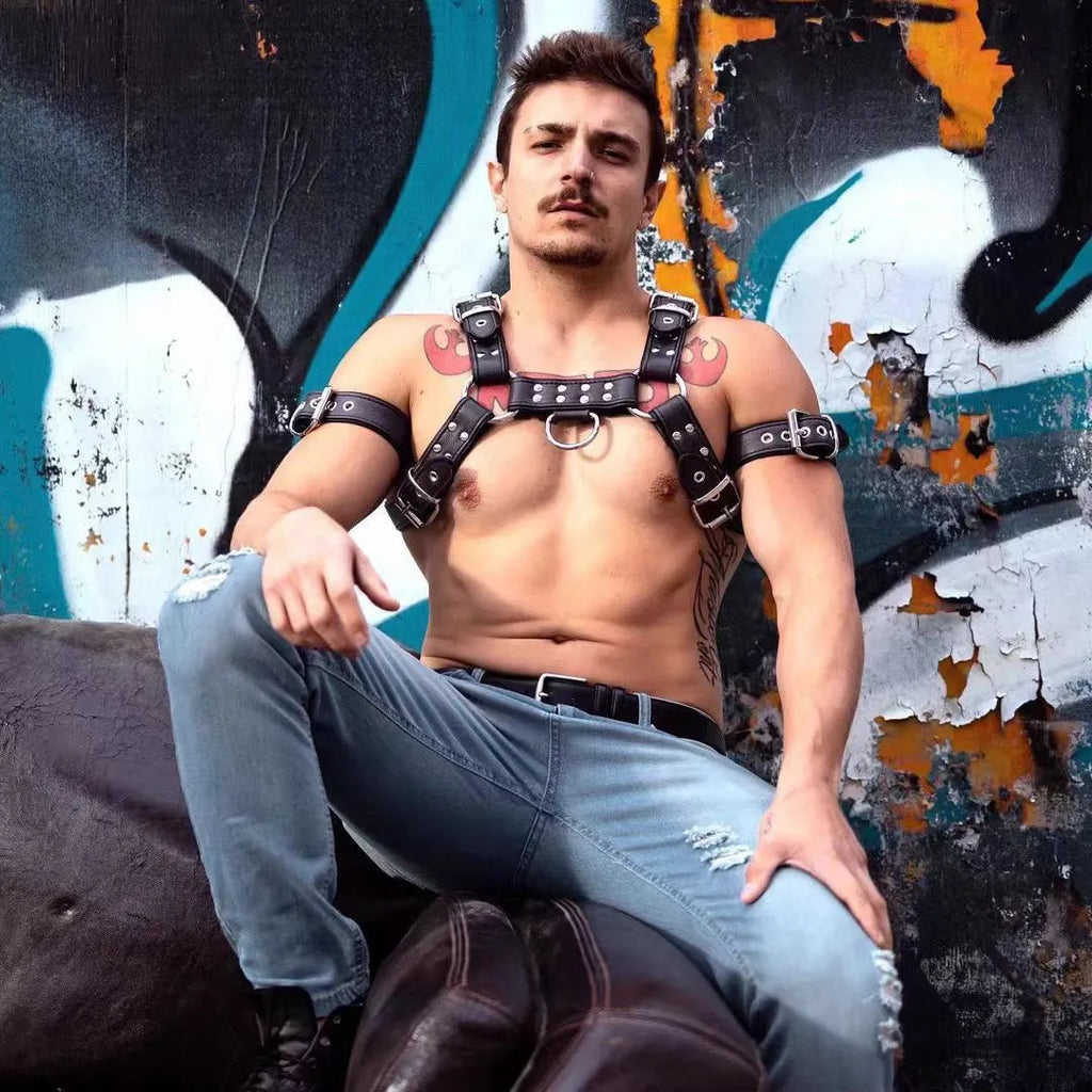Black leather chest muscle bondage adjustable shoulder strap with metal rivets and buckle hardware