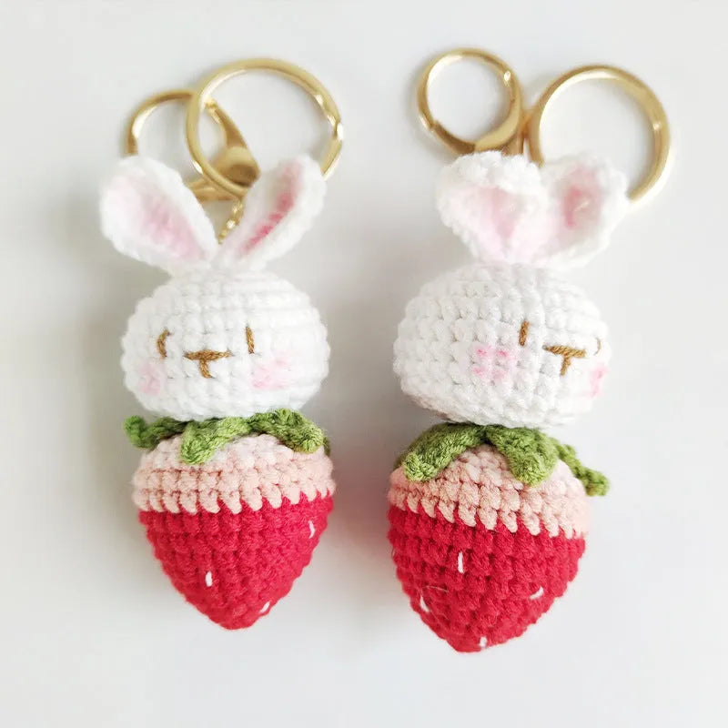 White hand-woven wire rabbit strawberry pendant charm with key ring