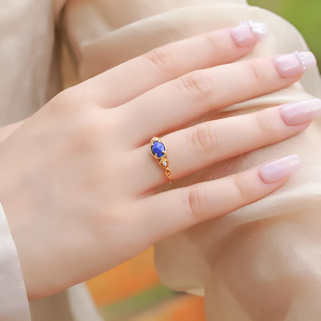 Silver geometric women's ring with oval blue lapis lazuli stone, Japanese style design