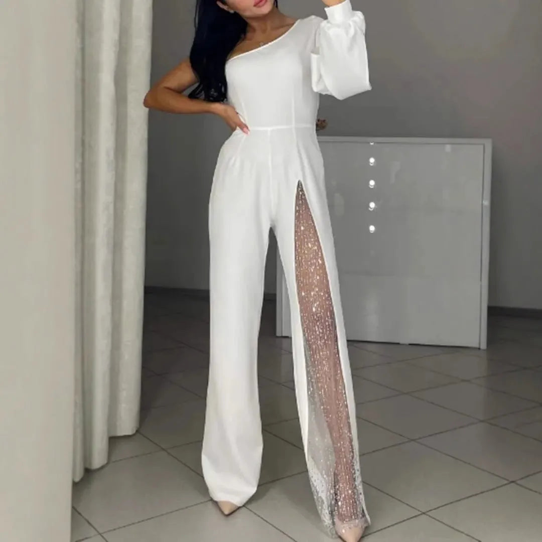 Black women's long sleeve jumpsuit with oblique shoulder neckline and high slit leg.