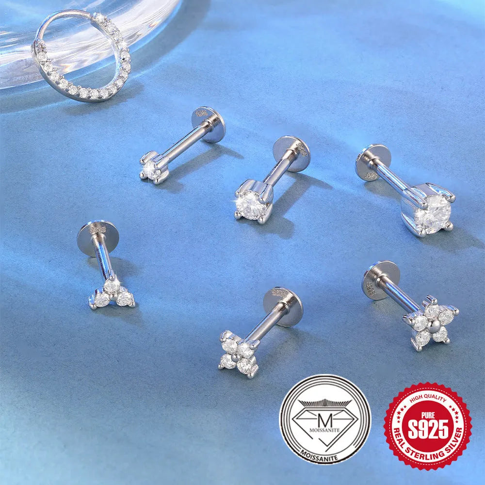 S925 sterling silver geometric stud earrings with petal diamond designs in platinum finish