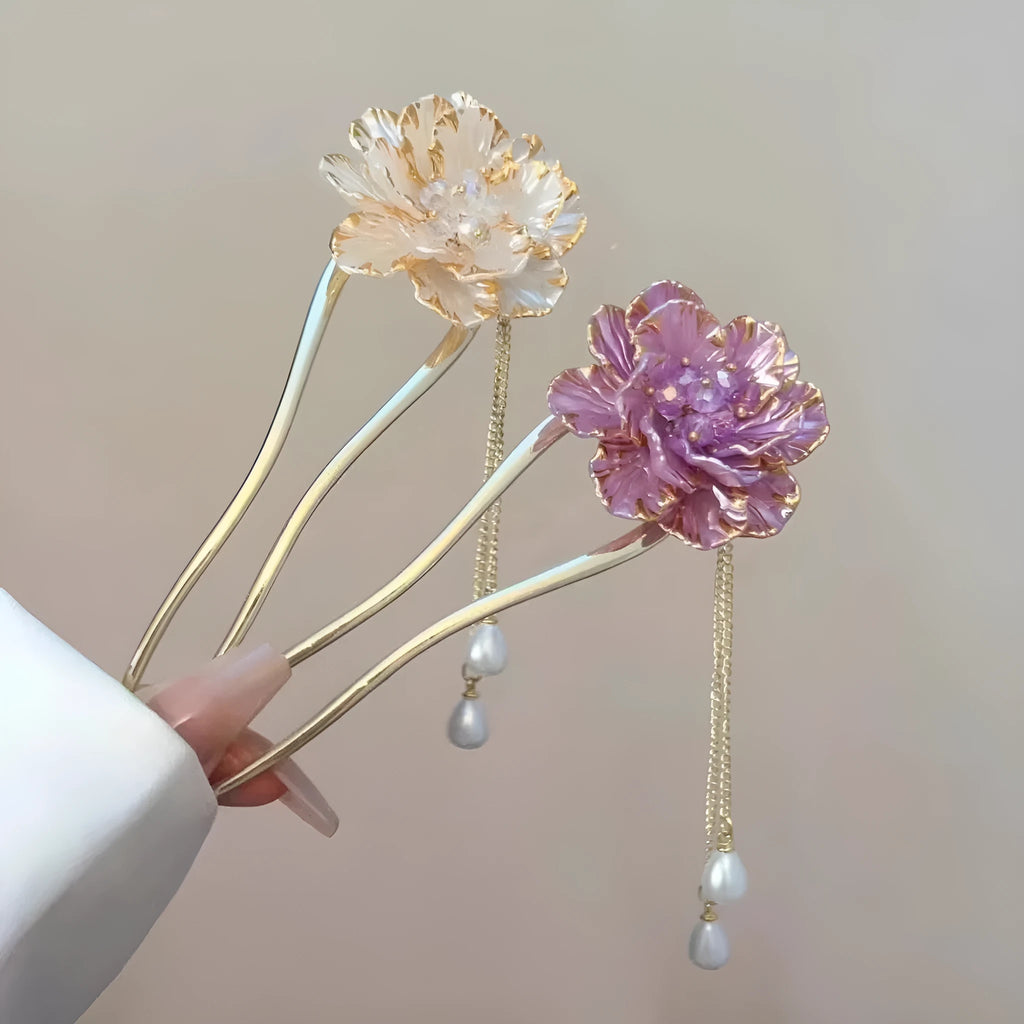 Purple peony flower and tassel decoration on U-shaped alloy hairpin