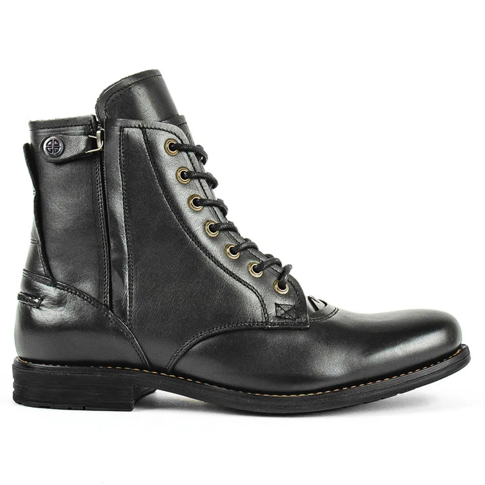 Knight Series two-tone leather boots with side zipper in black colour showing low heel and mature styling