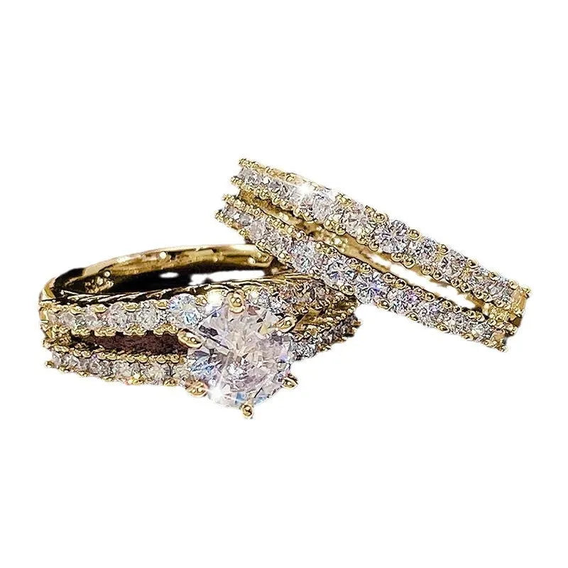 2 in 1 women's ring set showing fashion and fully jewelled geometric bands in silver, gold and rose gold colours