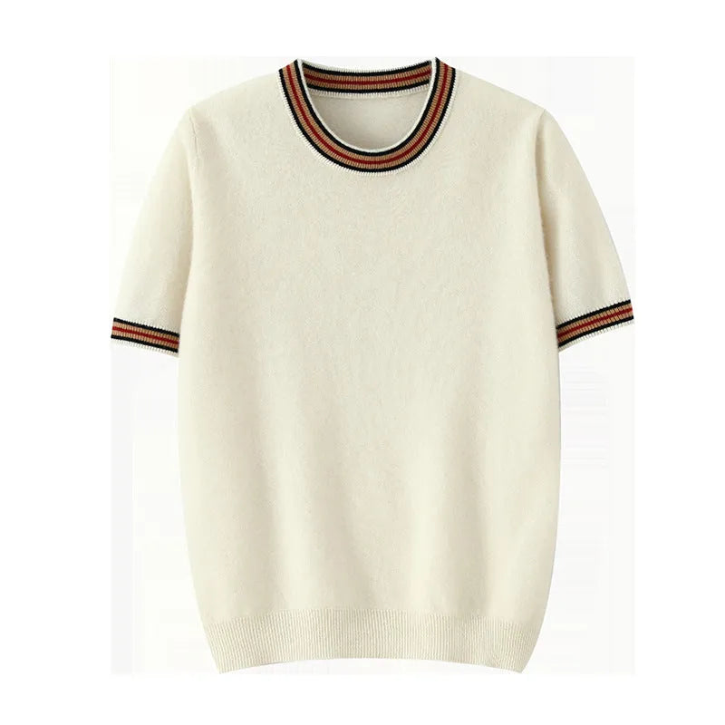 Men's grey short sleeve wool sweater with a round neck on a hanger.