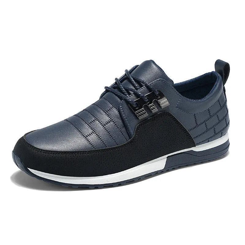 Men's spring casual leather shoes in blue with non-slip rubber sole and front lace-up closure