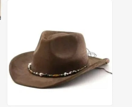 Brown leather velvet western cowboy hat with a curved brim and conical crown on a neutral background.