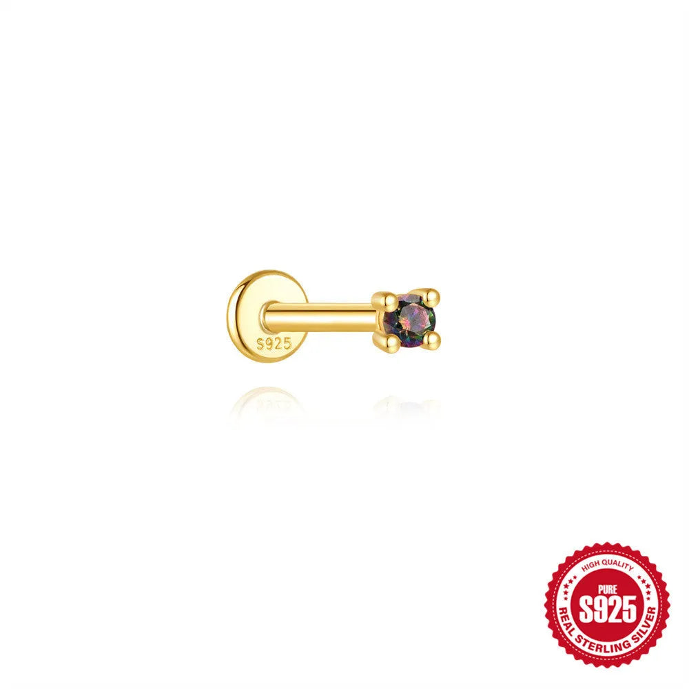 S925 sterling silver flat head thread piercing earring with rainbow stone on geometric setting.