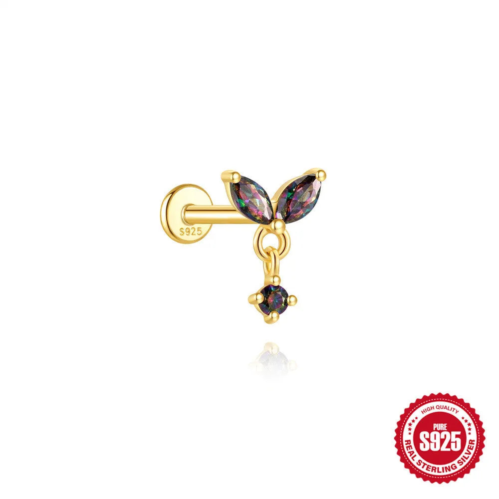 S925 sterling silver flat head thread piercing earring with rainbow stone on geometric setting.
