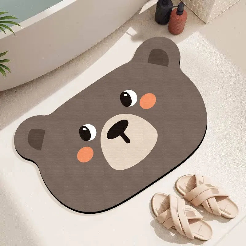 Cartoon animal diatomaceous earth absorbent non-slip bathroom mat in alien shape.