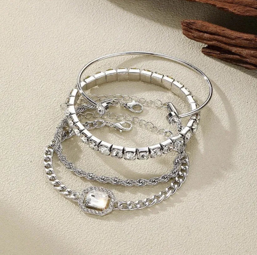 Women's geometric retro style alloy bracelet four-piece set with metal chain and square diamond elements
