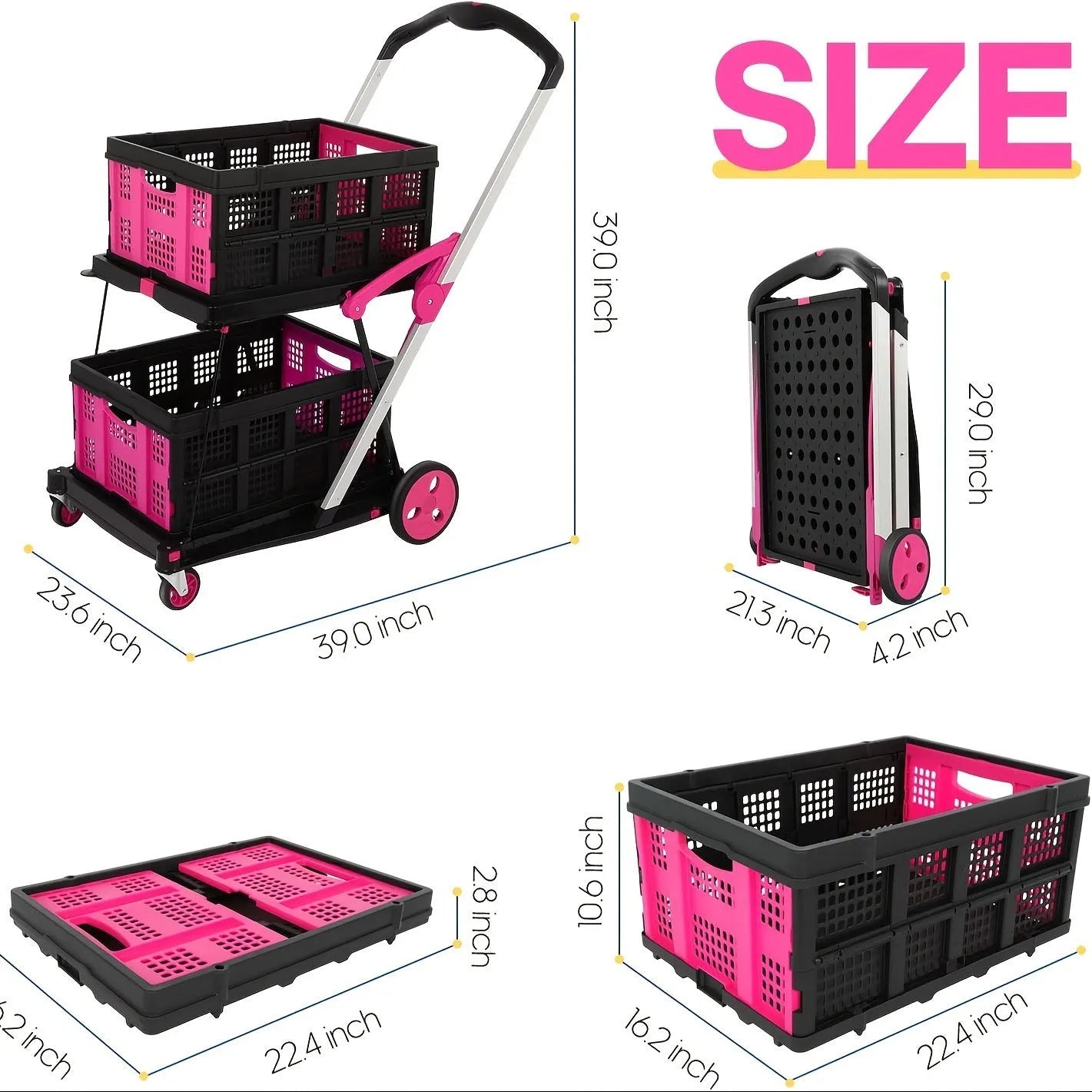 Blue foldable shopping cart with two plastic baskets, shown in its unfolded state.