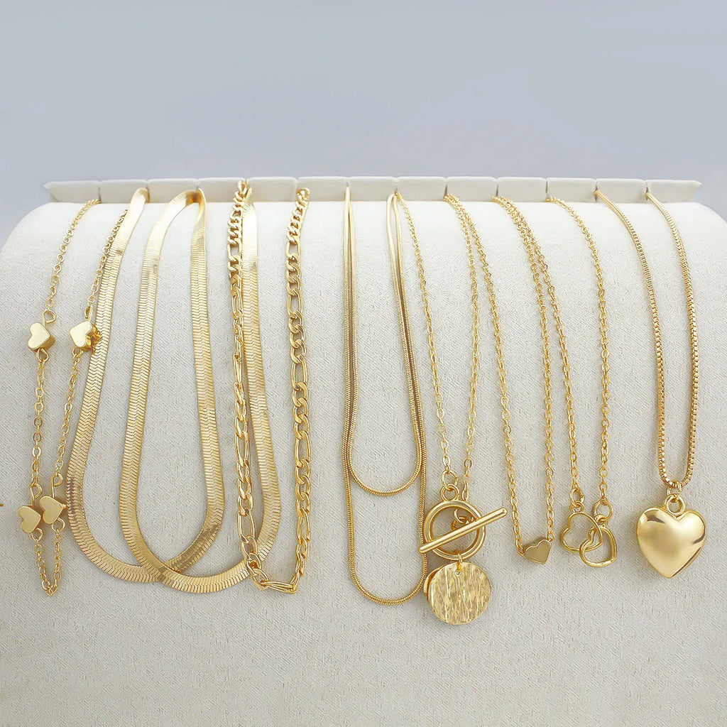 Gold colour women's necklace set with 10 alloy pendants on snake bone chain, adjustable 21-50cm