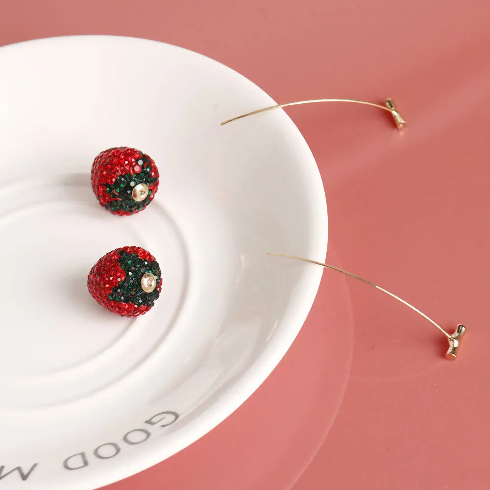 Red geometric strawberry-shaped alloy earrings with spot drill detailing for women