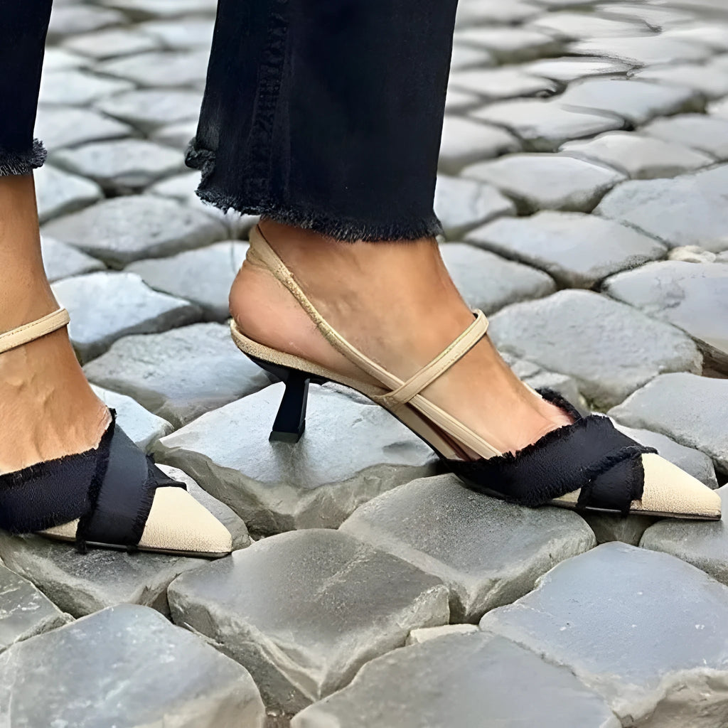 Women's apricot and black colour block stiletto heel sandals with pointed toe and buckle closure