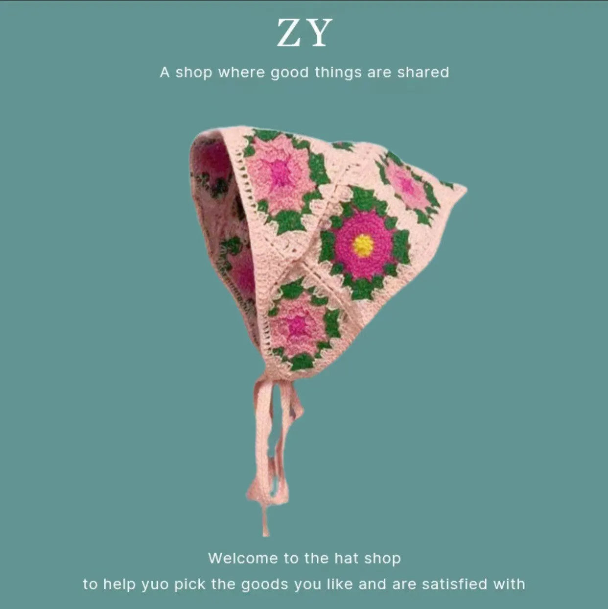 Women's cotton triangular headscarf with floral pattern, shown in beige blue little daisy design.