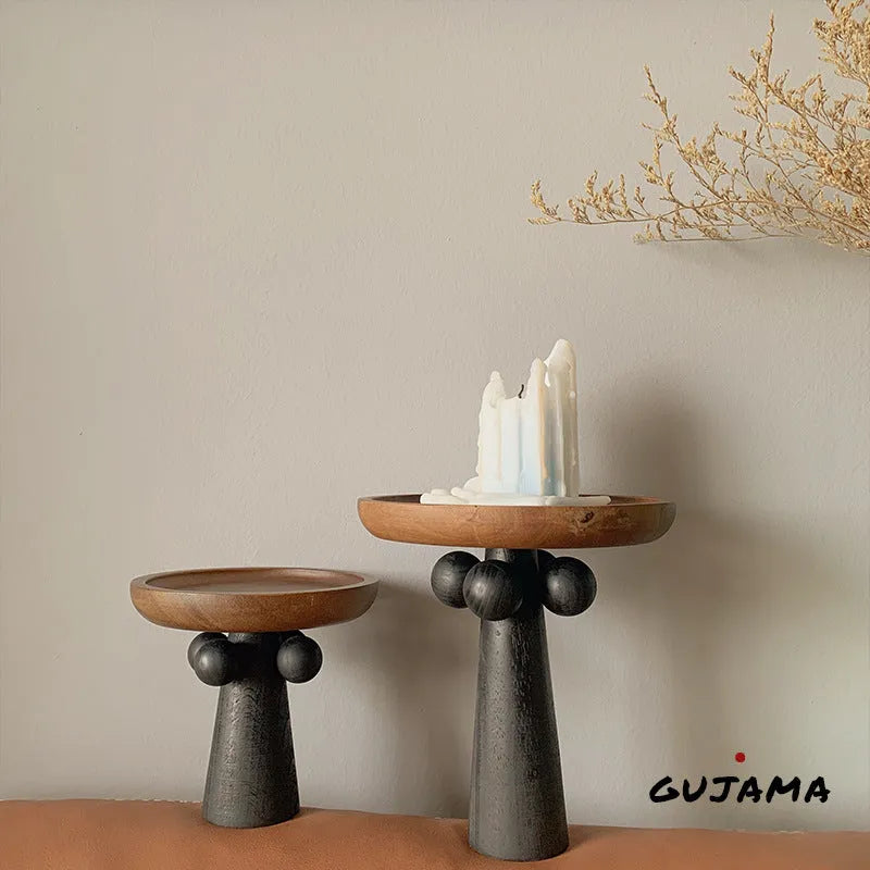 Nordic style round wooden tray with high legs for candle and aromatherapy display