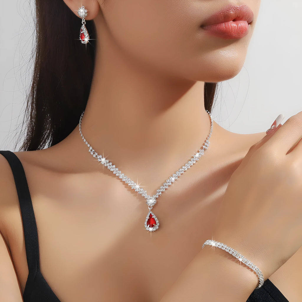 Claw chain rhinestone necklace and earrings set with water drop shape in blue colour