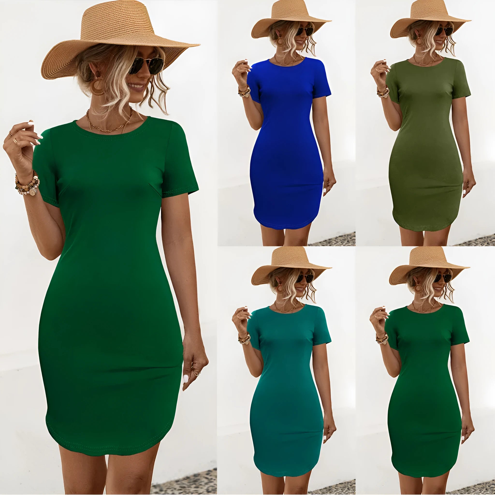Women's slim fit U-split short sleeve dress in Army Green cotton blend fabric