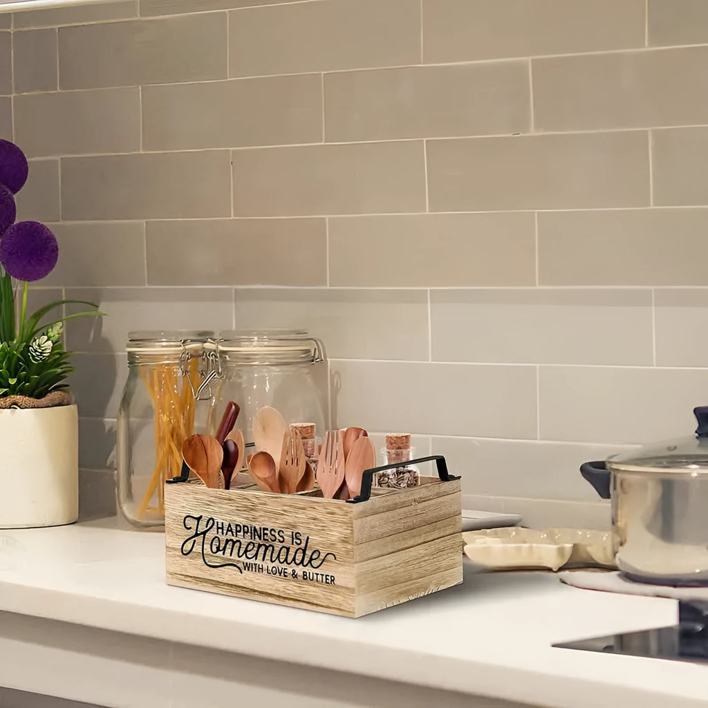 Wooden kitchen storage box with grid dividers measuring 23×16.8×10cm