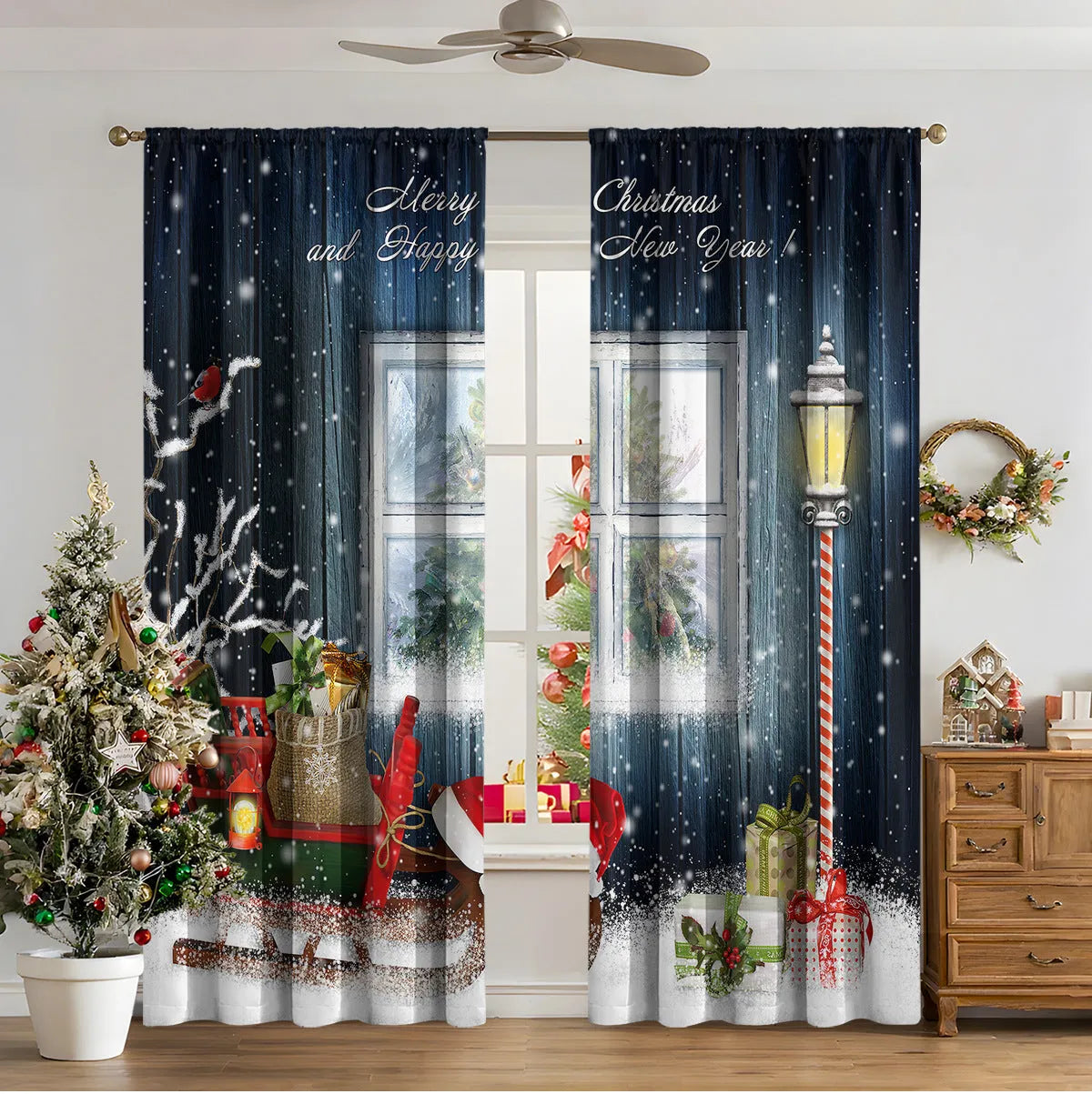 3D digitally printed Christmas curtain panel hanging on a window, showing festive pattern and polyester fabric texture.