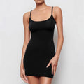 Black slim sheath sling dress with sleeveless design and short mini length