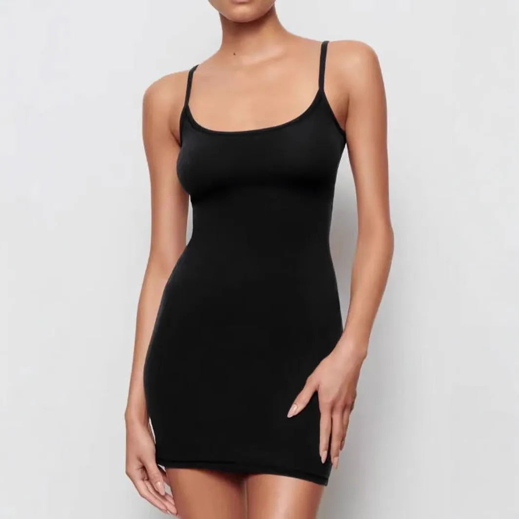 Black slim sheath sling dress with sleeveless design and short mini length