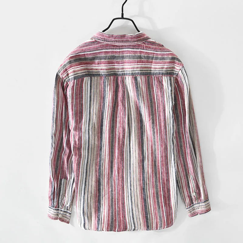 Men's striped linen casual shirt in loose fit with long sleeves, available in red and grey colours