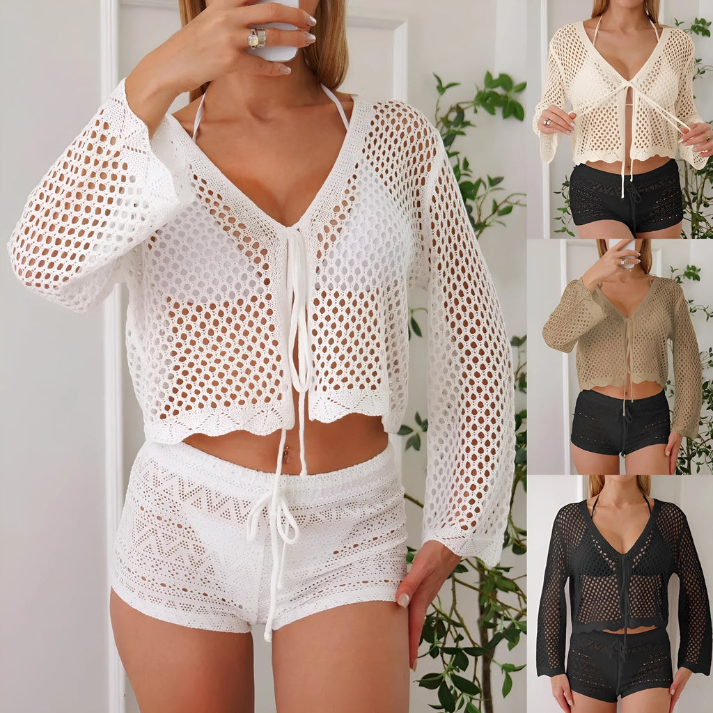 Short women's cardigan blouse with bell sleeves in hollow woven imitation cotton fabric.