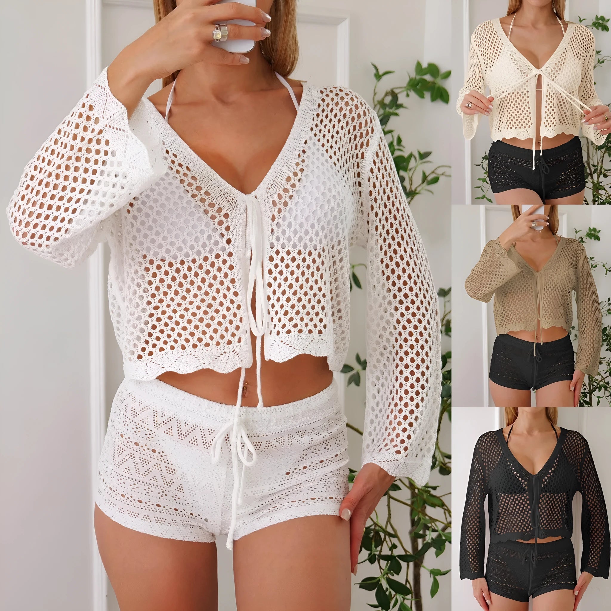 Short women's cardigan blouse with bell sleeves in hollow woven imitation cotton fabric.