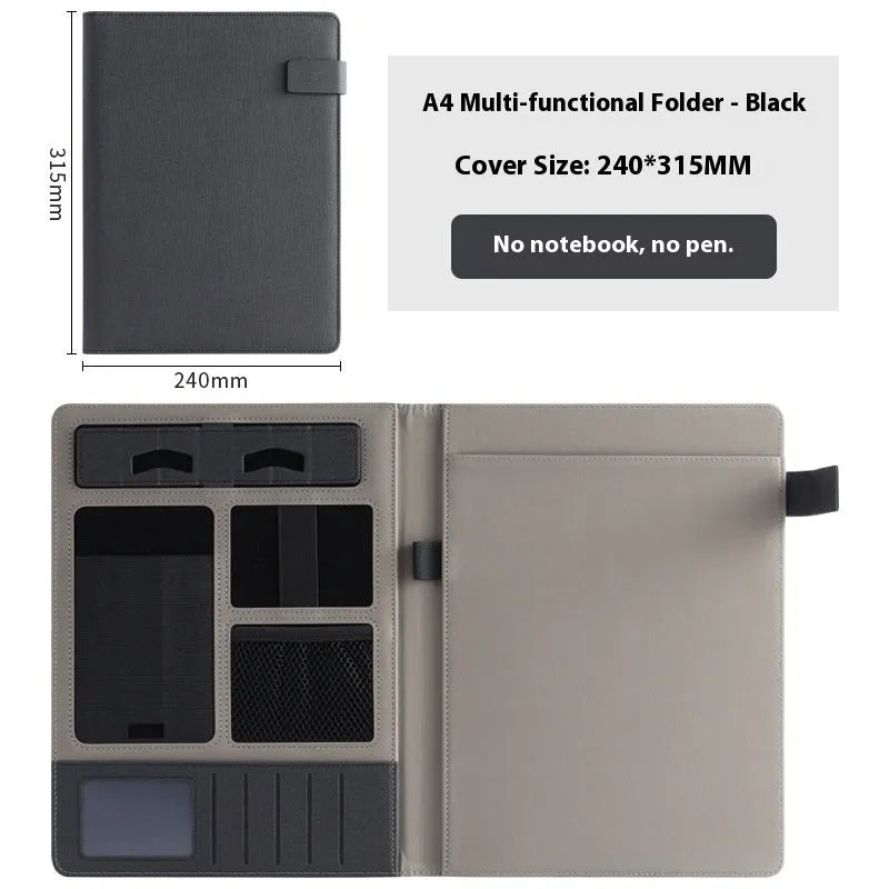 Black leather A4 business folder holding documents, with pen and notepad accessory options.