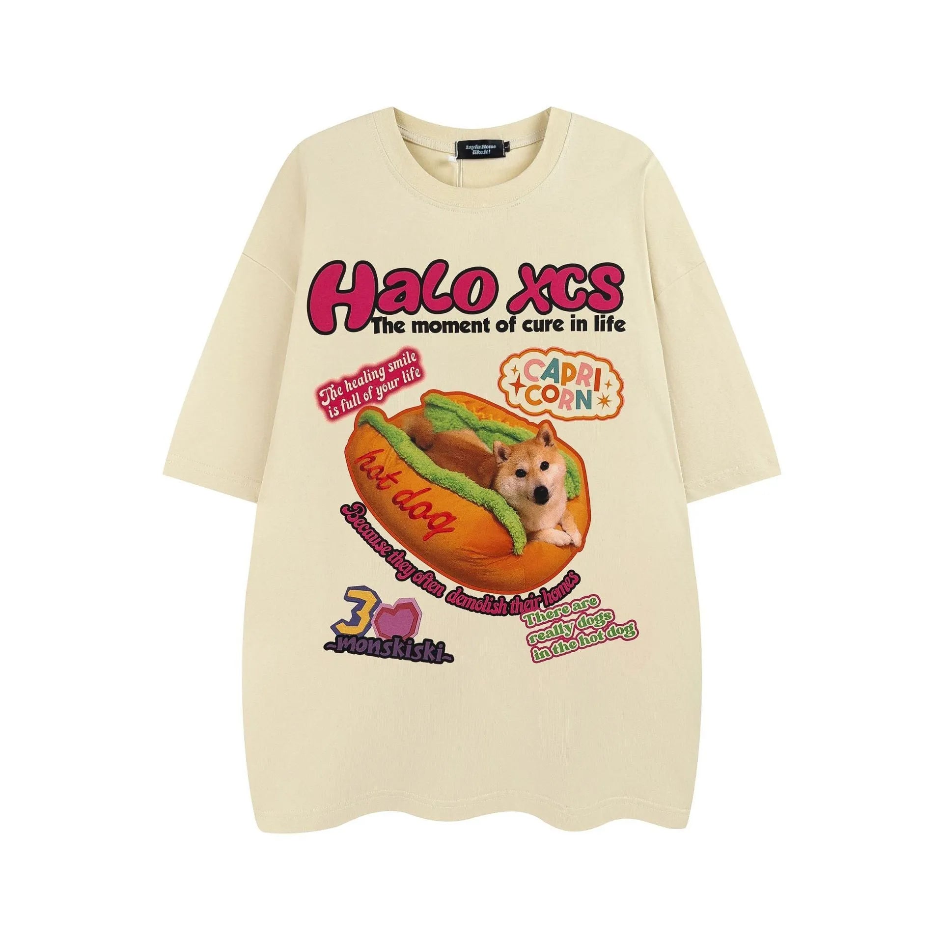 Cartoon hamburger dog printed short-sleeved T-shirt in 100% cotton