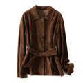 Mid-length cashmere coat with peter pan collar and leather stitching details in yellow brown colour