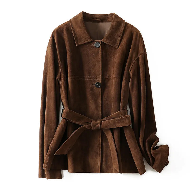Mid-length cashmere coat with peter pan collar and leather stitching details in yellow brown colour