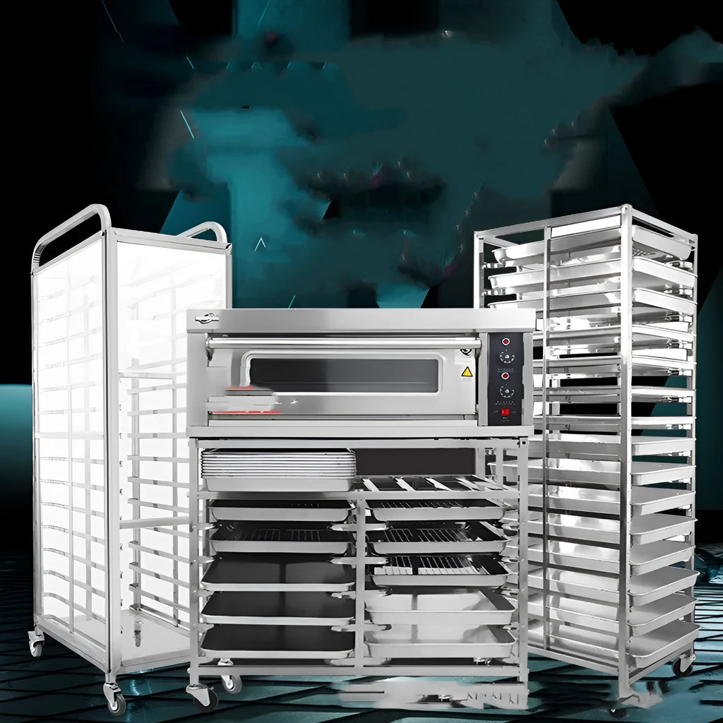 Stainless steel baking tray rack with six layers for 40x60cm commercial trays.