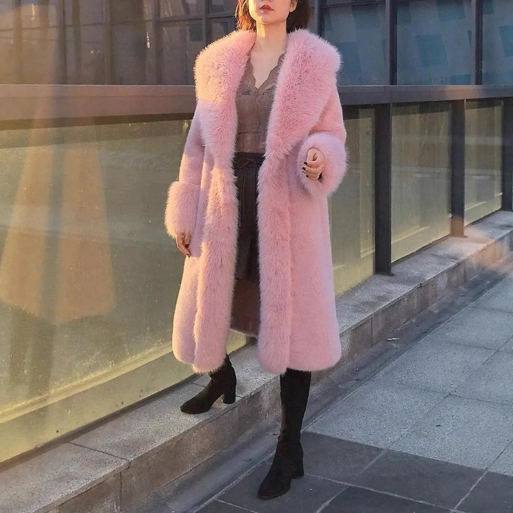 Women's thick grey faux rabbit fur coat with matching collar, mid-length cut