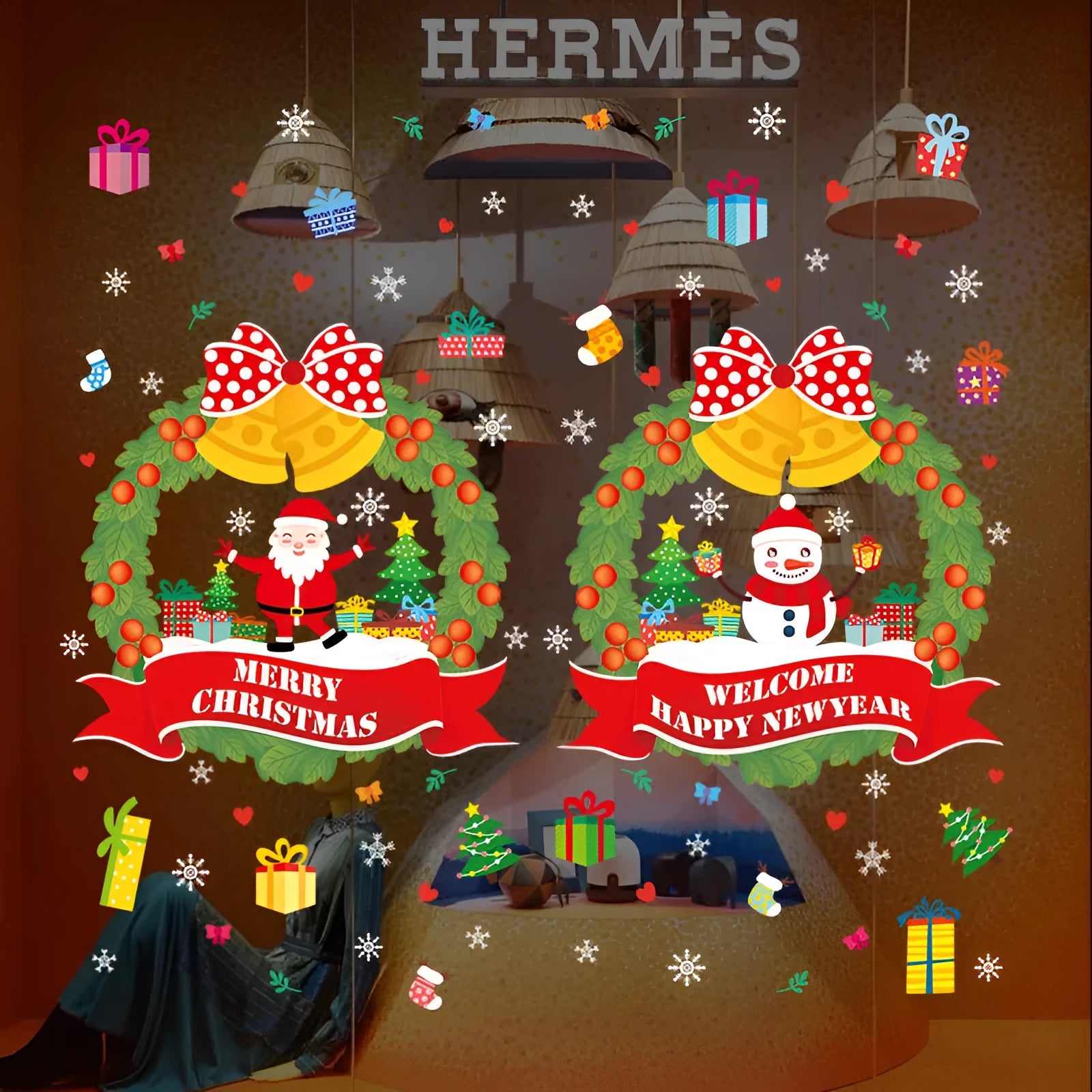 Large format non-adhesive Christmas static wall sticker with cartoon design for glass windows