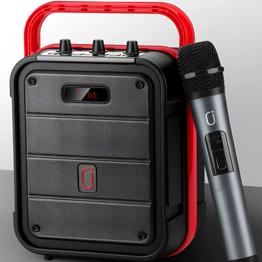 MS62AI portable Bluetooth speaker with wireless microphone showing control buttons and 6.5 inch size