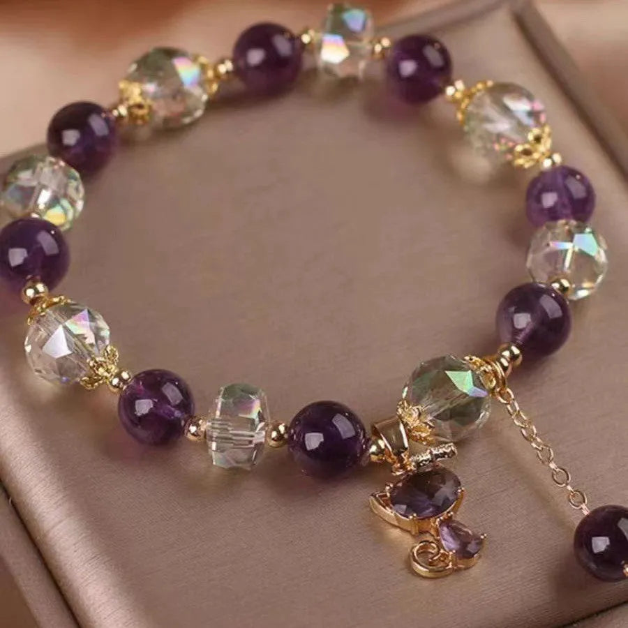 Natural amethyst fox pendant crystal bracelet with antique electroplated finish and five-leaf flower
