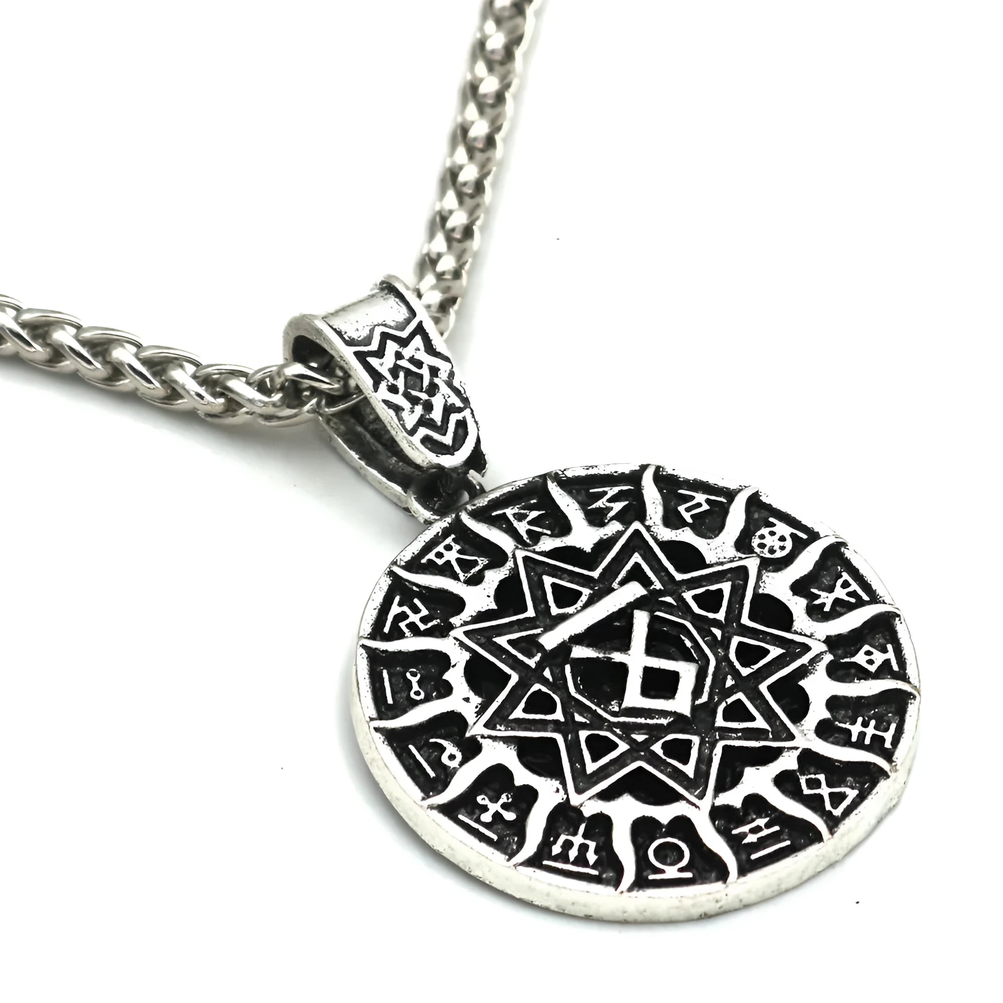 Lunavin ODing logo pendant necklace on a snake bones chain with antique silver finish.