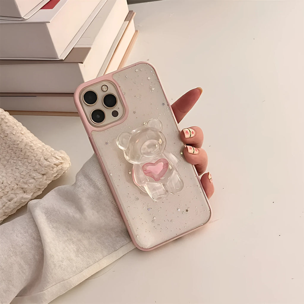 Simple bear bracket silicone TPU phone case for Apple iPhone, back cover in white colour
