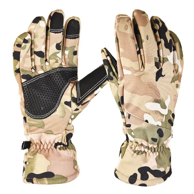 Pair of nylon tactical ski gloves in camouflage colour with anti-slip palm and touchscreen fingertips.