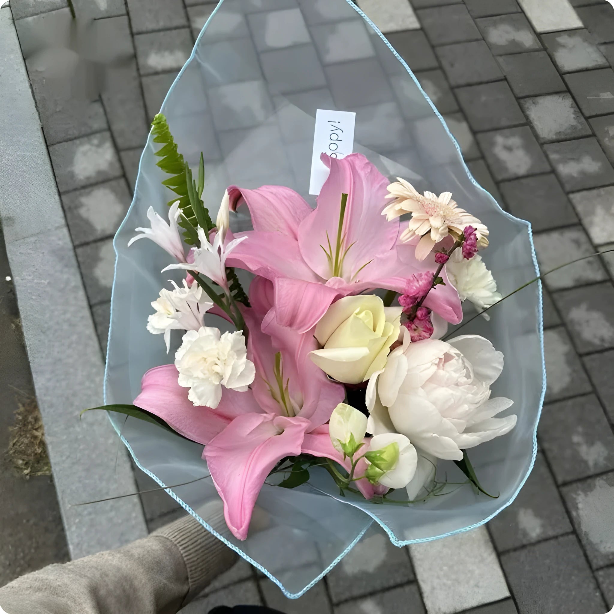 Silk flower bouquet bag with Arabesquitic pattern and decorative yarn accents in square 60cm dimensions
