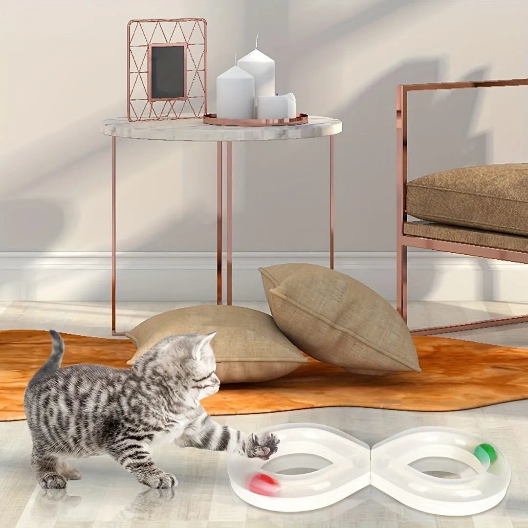 Blue and white cat turntable track ball toy with teasing stick measuring 50cm wide