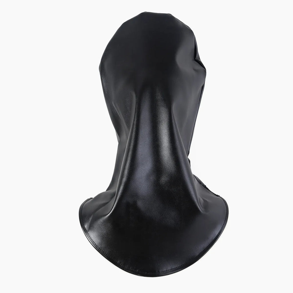 Black Pu leather BDSM mask with adjustable strap and openings for eyes and mouth.
